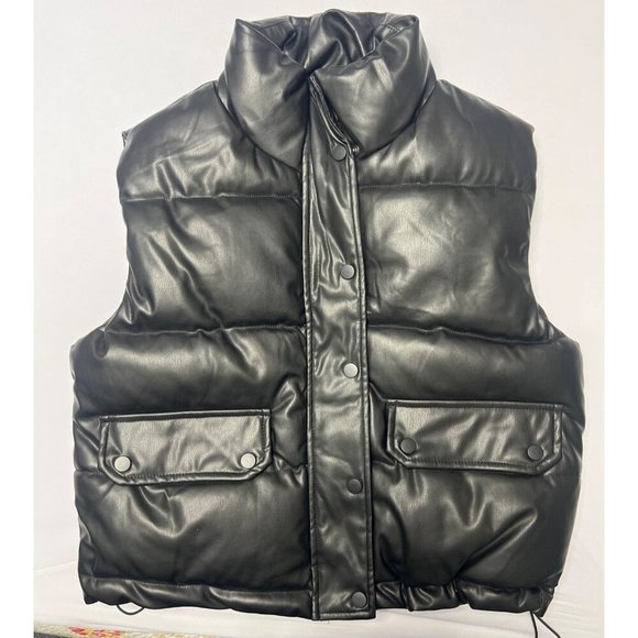 C&C California Puffer Vest Black Faux Leather Vest Size S - Picture 1 of 9